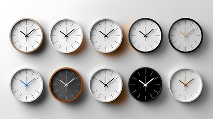 Wall Clocks Illustration of Eight Clocks with Different Color Combinations