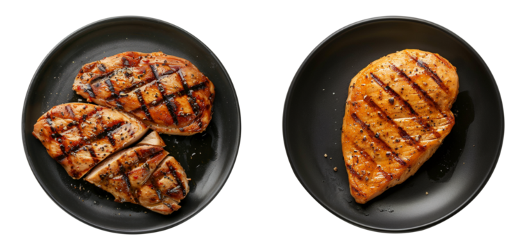 Chicken steak in a black plate on transparent background