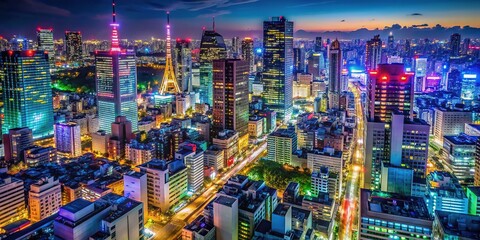 Vibrant neon lights illuminate towering skyscrapers and bustling streets in downtown Tokyo's cityscape at night, captured in a close-up, handheld shot of urban futuristic beauty.