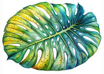 Fototapeta premium Vibrant watercolor illustration of a Monstera deliciosa leaf with intricate details, showcasing its unique holes and serrated edges in shades of green, blue, and yellow.