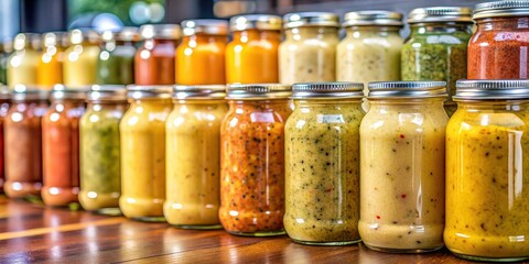 Jars of unique Swiss mustard sauces on display , condiments, gourmet, food, jars, unique, Swiss, mustard, spicy, flavors