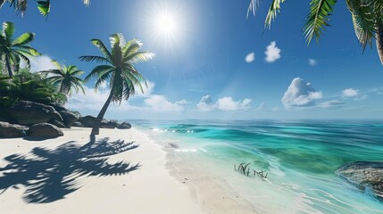 Fototapeta premium Serene beach scene with clear blue waters, white sand, and palm trees under a bright sun.