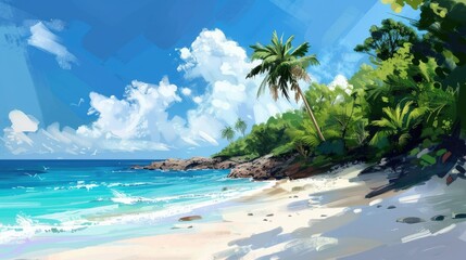 Obraz premium Stunning beach landscape with white sand, crystal-clear blue sea, and green palms in bright sunshine.