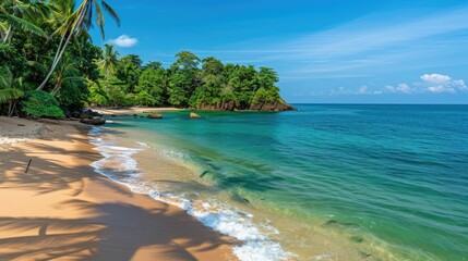 Naklejka premium Stunning sunny beach with clear blue sea, golden sand, and lush palm trees.