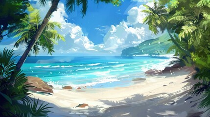 Fototapeta premium Stunning beach landscape with white sand, crystal-clear blue sea, and green palms in bright sunshine.