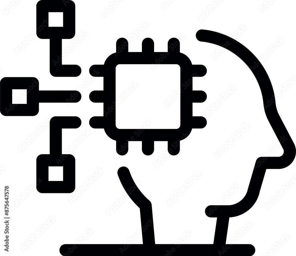 Poster line art icon of a human head with cpu receiving data from a network, representing artificial intell