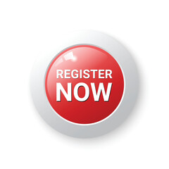 Red Register Now circle button with shadow for use to your business website, vector eps10 isolated on white background.