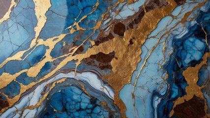 Modern abstract artwork, featuring a luxurious blue and brown with golden ink marble design.Abstract painting, can be used as a trendy background for wallpapers, posters, cards, invitations, websites.