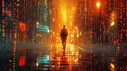 A man walks down the street, with glowing lights and digital code in the background