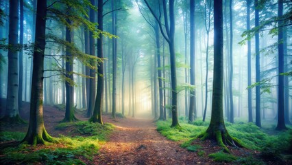 Obraz premium Mysterious and haunting stock photo of a misty forest with hidden secrets waiting to be uncovered, Enigma, mystery