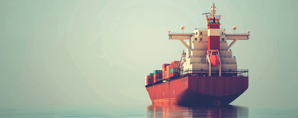 A large red ship is sailing on the ocean. The ship is carrying a large number of containers