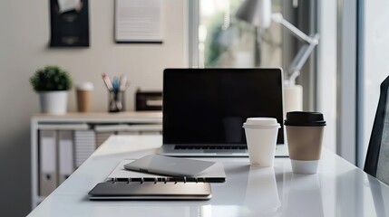 A sleek, modern workspace featuring a laptop, coffee cup, and stationary, perfect for illustrating productivity and focus in professional presentations. Generative AI.