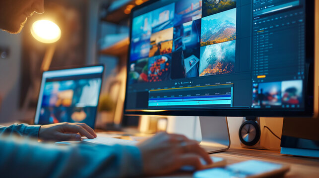 A close-up of a photographer editing photos on a computer with professional software with copy space