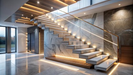 Obraz premium Luxe interior with a floating marble staircase lit by futuristic under-step LEDs, luxury, interior design, modern