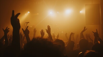 Energetic live music concert with enthusiastic crowd and illuminated stage, hands raised in the air, capturing the vibrant atmosphere of a live show, festival vibes, and audience engagement.