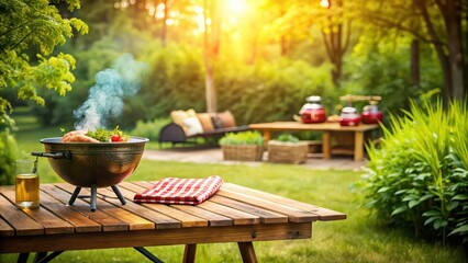 Summer BBQ in backyard garden with wooden table and blurred background, grill, barbecue, outdoor cooking, summer