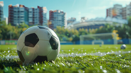 Close up of a soccer ball on green grass at a school sports field with city buildings in the background