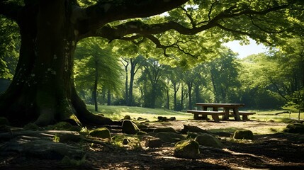 A picnic table under a large tree in a park, surrounded by greenery.