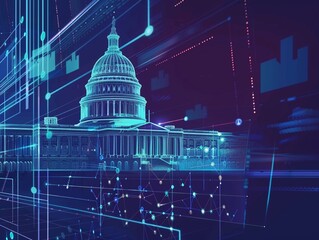 アメリカ合衆国議会議事堂のデジタル表現と未来的なネットワークとコピースペース