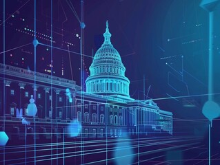 アメリカ合衆国議会議事堂のデジタル表現と未来的なネットワークとコピースペース