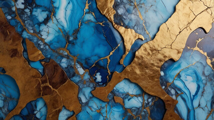 Modern abstract artwork, featuring a luxurious blue shades and golden ink marble design.Abstract painting, can be used as a trendy background for wallpapers, posters, cards, invitations, websites.