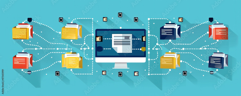 Poster a computer monitor displays a network of files and folders. concept of a complex system of interconn