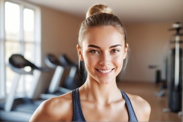 Obraz premium Beautiful young fitness woman standing at her home gym with copy space, smiling and looking at the camera.