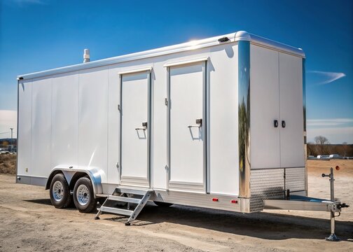 A sleek, modern, and clean white restroom trailer with chrome accents and a minimalist design, set against a neutral background, ready for construction sites.