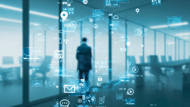 Businessperson standing in office and digital technology concept. Digital transformation.