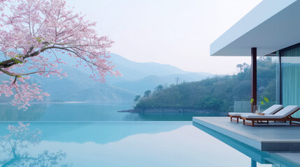 Fototapeta premium Hotel swimming pool accommodation by lake cherry blossom for relax vacation