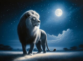 A lion stands in the grass on a full moon night. Lions are classified in the phylum of vertebrates.
 mammalian class Belongs to the tiger and cat family.