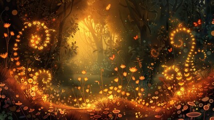 Magical Garden with Glowing Flowers and Fireflies Creating a Magical Atmosphere