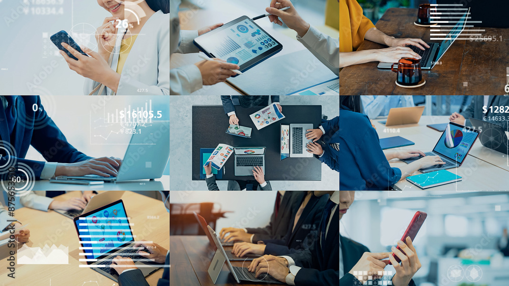 Poster collage of various business scenes and statistics chart concept. multi screen.