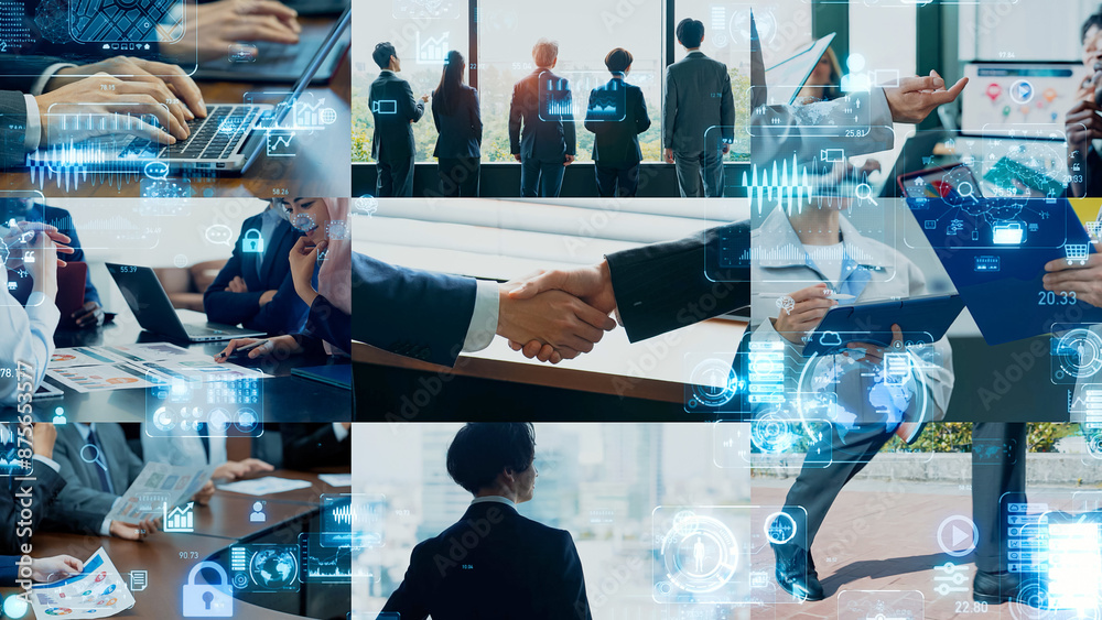 Aufkleber collage of various business scenes and digital data concept. multi screen.