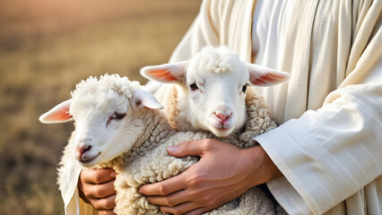 Fototapeta premium cute lamb with Jesus, Jesus Christ with lamb, pure spirit concept, bible story concept background, ai generated