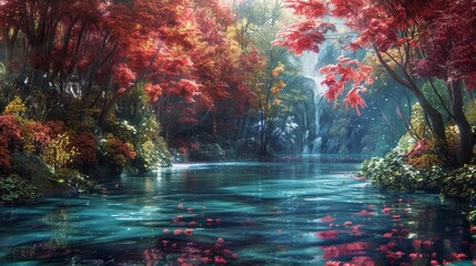 Naklejka premium Tranquil River with Autumn Trees and Waterfall in a Serene Forest