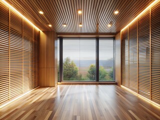 Obraz premium Contemporary empty room mock-up with expansive window, sleek illuminated wooden slats, and minimalist decor, perfect for showcasing modern interior design concepts, 3d rendered.