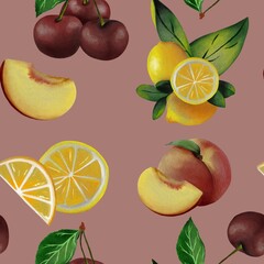 Illustration, seamless pattern with lemons, peaches, cherries