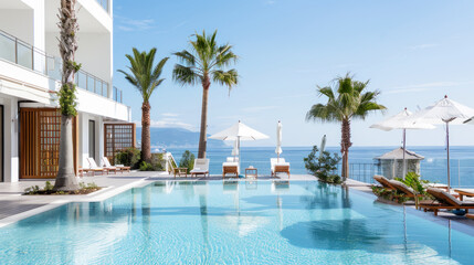 Hotel swimming pool accommodation by ocean seaside for relax vacation
