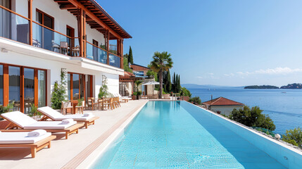 Fototapeta premium Hotel swimming pool accommodation by ocean seaside for relax vacation