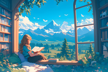 Cozy Girl sitting on a window seat, reading a book with a mountain view. Anime style, Cozy vibes