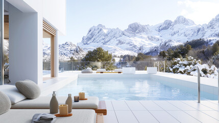Hotel swimming pool accommodation by snowy mount for relax vacation