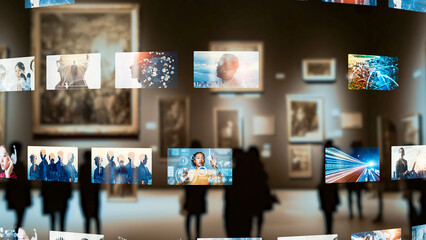 People at an art gallery and video contents concept. Virtual museum.