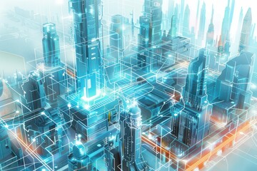 A Futuristic City with Holographic Blueprints