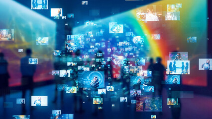 People at an art gallery and video contents concept. Virtual museum.