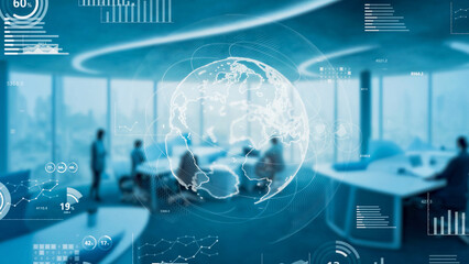 Futuristic office and global communication network concept.