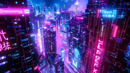 Cyberpunk cityscape at night with neon signs and holographic advertisements illuminating the streets