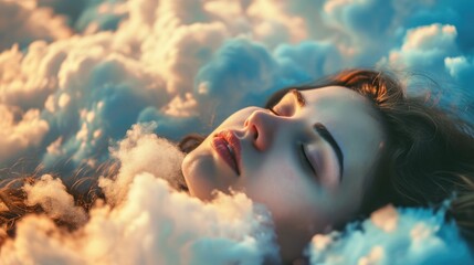 The close up picture of the caucasian female human that laying down for sleeping on the sea of the cloudscape that act like pillow that look fluffy and soft at the bright sky of the daytime. AIGX03.