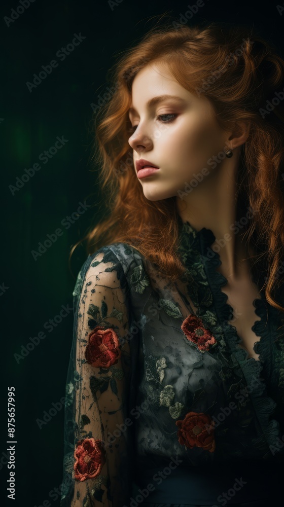 Sticker beautiful red haired woman in black dress with floral embroidery