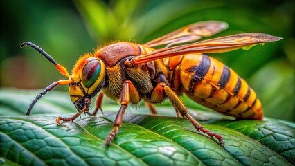 A large, yellow-orange Asian giant hornet with distinctive orange-striped body and long, pointed abdomen perches on a leaf in a lush green forest setting.